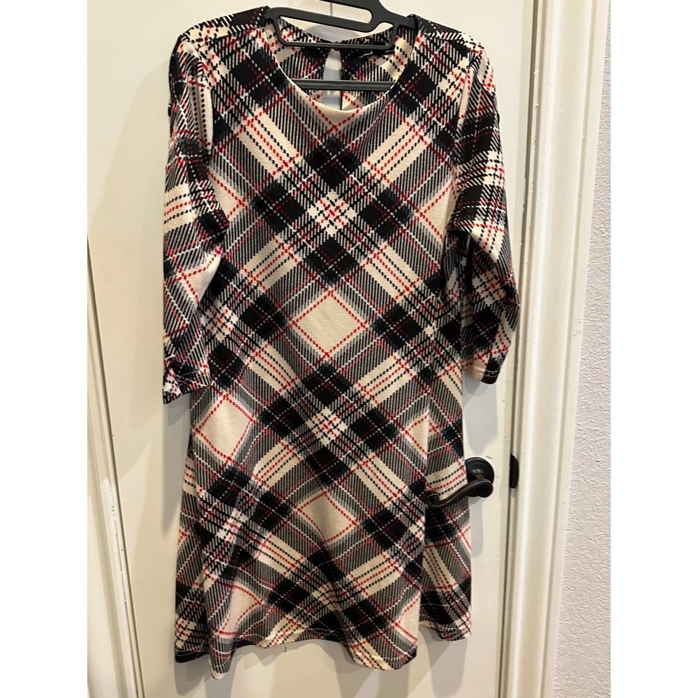 R&K Knits Womens Plaid Long Sleeve Shift Dress Black Red Cream Size M